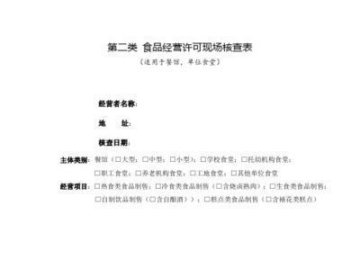 第二類 食品經(jīng)營許可現(xiàn)場核查表(適用于餐館,單位食堂)